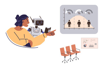 Businesswoman collaborating with AI robot, analyzing charts, demographic statistics, and workplace data. Ideal for AI integration, teamwork, analytics, business innovation, automation tech