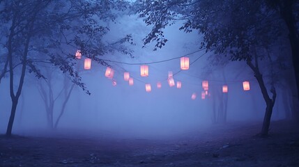 Scary forest illuminated with lanterns and misty fog