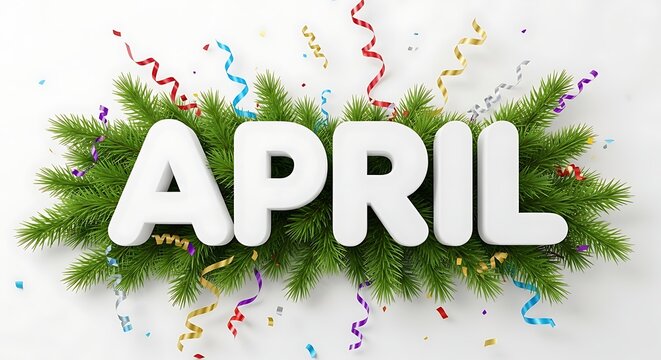 APRIL word with festive streamers and greenery, celebrating the fourth month of the year