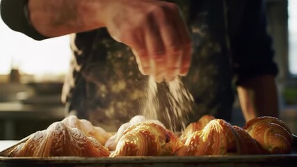Close-up of a baker dusting freshly baked, golden croissants with powdered sugar. The scene is warmly lit with a soft focus