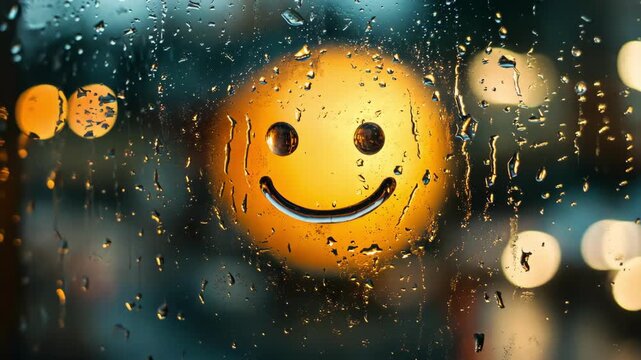 Raindrops on a window with a cheerful smiley face reflecting in the glass.
