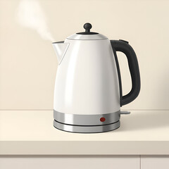 White electric kettle emitting steam on a light beige countertop. Modern kitchen appliance with a sleek design, ready for use.