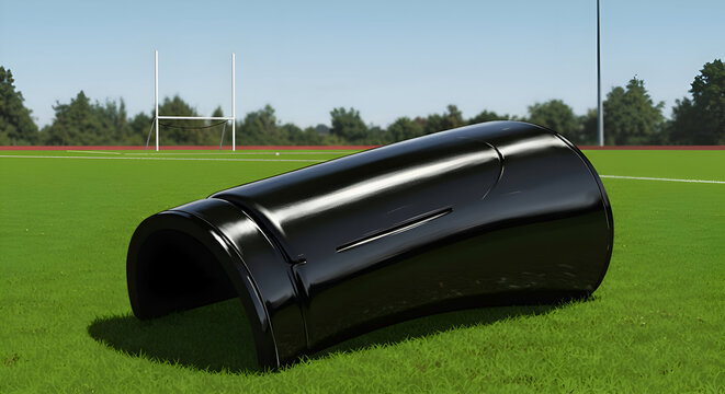 Black athletic shin guard on a grassy sports field. Protective equipment for sports competition. Sports equipment for an athlete on a rugby field -