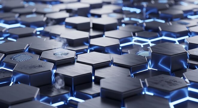 Abstract futuristic hexagonal pattern with blue glowing lines and metallic texture