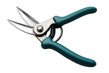 Gardening shears with metal blades and green handles isolated on transparent background
