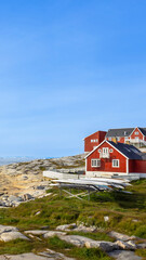 Typical architecture of Greenland Ilulissat with colored houses located near fjords and icebergs.