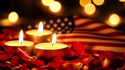 Patriotic memorial with candles, rose petals, and an American flag backdrop. - Powered by Adobe