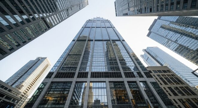 Looking up at the towering skyscrapers, urban landscape and architecture design