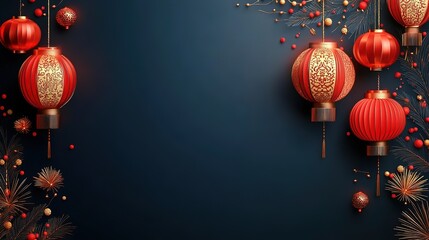 Modern Abstract Chinese New Year Background with Geometric Lantern and Firework Patterns in Red and Gold