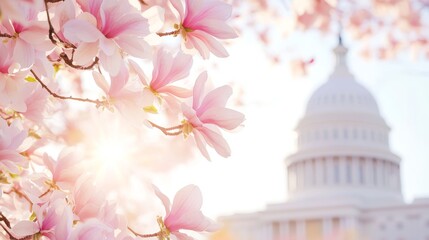 89.The U.S. Capitol building in Washington, D.C., is framed by vibrant magnolia trees covered in delicate pink blossoms. The soft petals of the flowers create a beautiful contrast with the