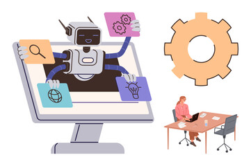 Robot emerges from screen holding icons for search, ideas, gears, and web, symbolizing automation efficiency. Professional works at table. Ideal for technology, AI, automation innovation