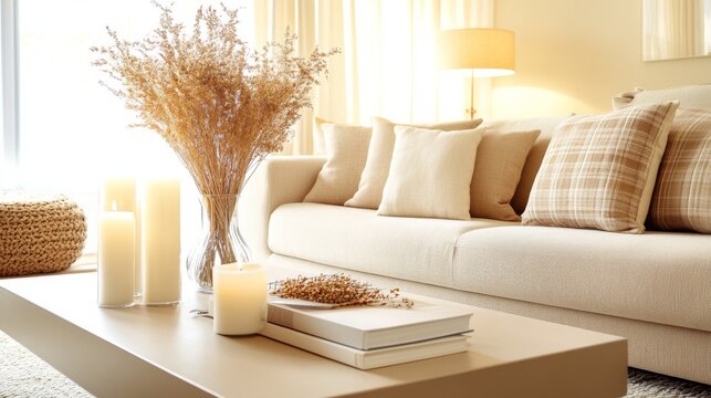 36.A cozy and stylish living room featuring a plush sofa with an assortment of decorative pillows and a soft plaid draped across it. The room is warm and inviting, with a coffee table placed in front