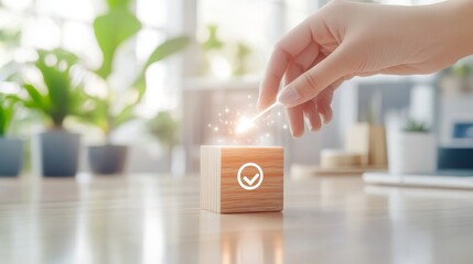 15.A hand reaches for a wooden cube with a printed target symbol on it, placing it gently on a polished desk. A faint, glowing arrow points toward the target, representing progress and business