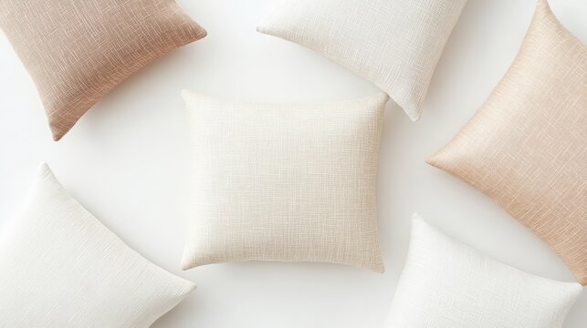 61.A close-up image of a beige rectangular pillow placed flat on a white background. The pillow has a soft, plush texture, and its clean, minimalist design makes it ideal for home decor. Several