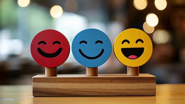 Colorful wooden smiley faces on a table representing positive feedback and emotions.