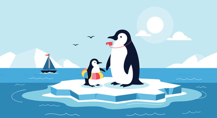 Obraz premium Two penguins on an ice floe in the ocean with a sailboat and mountains in the background.