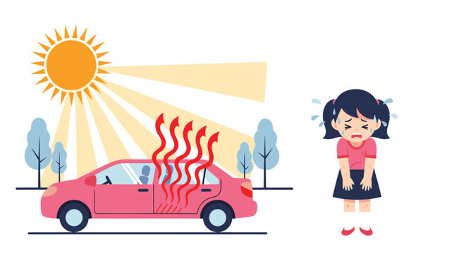 Child crying next to a car overheating in the hot sun.