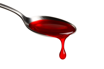 Metal spoon with red syrup isolated on transparent background