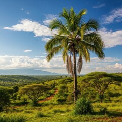 Obraz premium Tropical tranquility scenic view lush landscape palm tree on expansive African savanna horizon