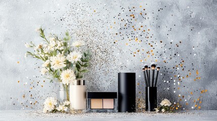 A collection of makeup products, including brushes and a palette, are arranged with white flowers and gold glitter on a gray surface.