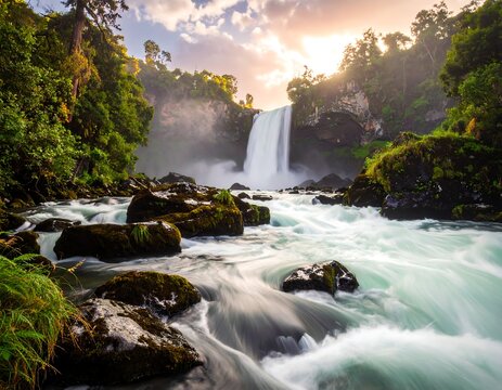 A magnificent cascade thunders into a flowing river, surrounded by lush green foliage and sunlit mist, capturing a moment of natural beauty