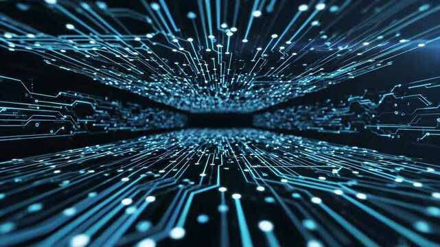 Technological innovation is embodied in this mesmerizing close up of intricate circuit board lines and twinkling lights, symbolizing progress and cutting edge thinking, perfect for creatives.