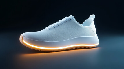 White sneaker, modern design, glowing sole, minimalist style, futuristic look, athletic shoe
