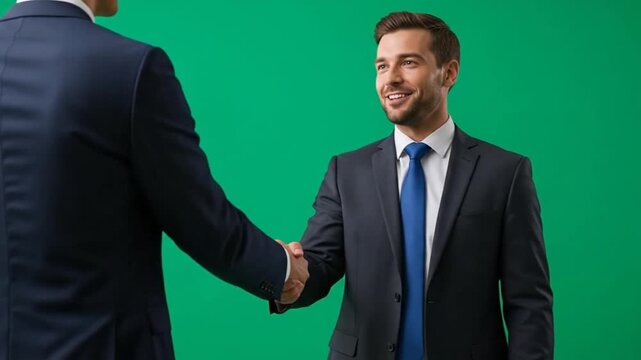 Professional handshake between two business men in front of green screen studio setup