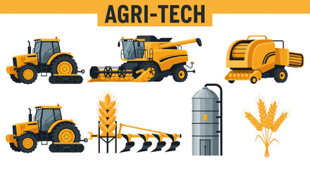 Illustration of various yellow agricultural machinery and wheat components labeled AGRITECH © Faisal