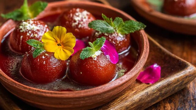 Sweet gulab jamun served in syrup with mint

