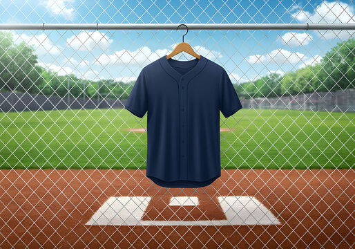 Navy blue baseball jersey hanging on a clothes hanger at a baseball field. Empty uniform ready for design or customization with a backdrop of a baseball field.