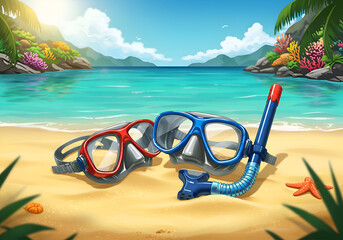 Red and blue snorkeling gear resting on a tropical beach. Colorful equipment on sand near the ocean, with tranquil background scene.