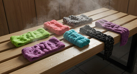 Colorful towels for fitness enthusiasts resting on a wooden changing room bench in a steam room. Variety of colors and patterns displayed with a slightly damp appearance.