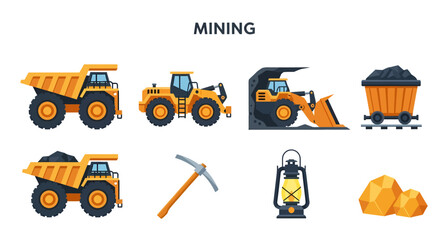 Vector icons illustrating mining equipment tools and resources on a white background