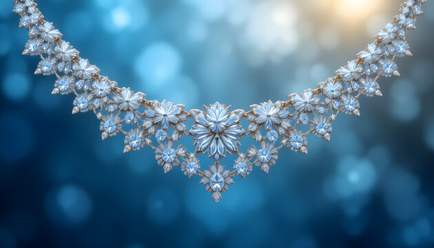 Elegant sparkling diamond necklace on a blurred blue background making a luxurious statement