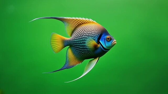 High-definition close-up of a regal angelfish gliding gracefully, vibrant green chroma key b
