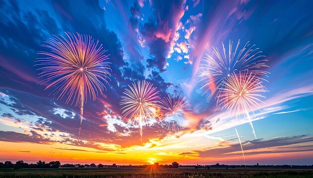 A vibrant sunset sky is filled with a dazzling display of fireworks exploding over a dark landscape. The clouds are vividly lit - Powered by Adobe