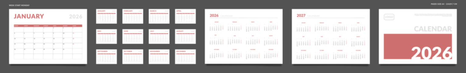 2026 Calendar Planner Set of Template grid Monthly Page, Cover with Place for Photo, Company Logo, Annual 2026, 2027. Vector layout of wall or desk organizer ready print. Week start Monday. Pages A4