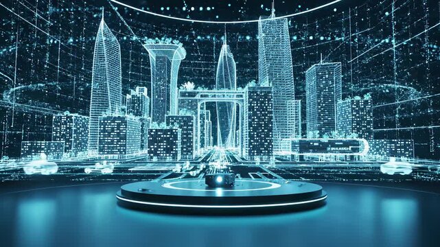 Holographic cityscape radiates with an otherworldly glow as lights emanate from its core, showcasing futuristic technology and internet connectivity seamlessly combining innovation, modernity.