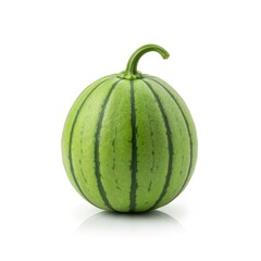 A whole green striped watermelon with stem isolated on white background, fruit, healthy food