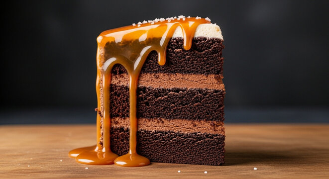 Decadent Slice of Dark Chocolate Layer Cake with a Glossy Salted Caramel Drip and Swirled Buttercream on a Rustic Wood Board