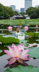 Serene city oasis: Lotus blossoms and tranquil reflections in urban pond scenery