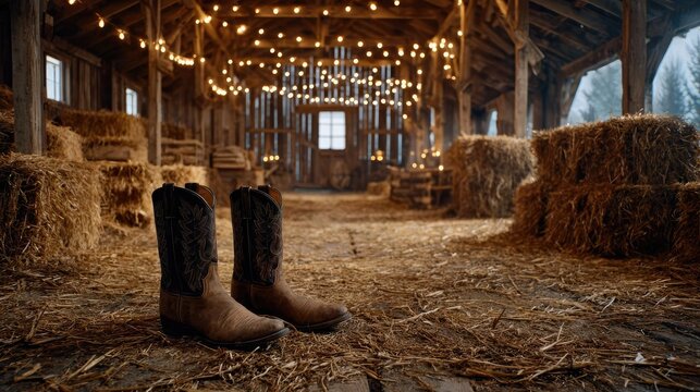 Country music festival featuring boots and ranch stables concept. Rustic cowboy boots in a warm, inviting barn setting.