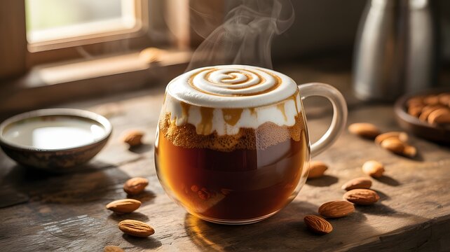 Steaming hot coffee with creamy whipped topping and cinnamon swirl in a glass mug on a wooden table