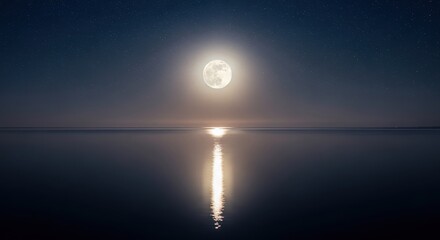 Serene lunar reflection over calm sea under a starlit nocturnal sky creating a mystical ambiance