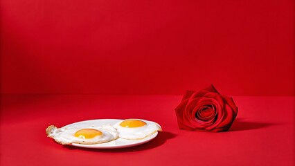Soft half-fried eggs with molten golden yolk on a vivid red floral background, highlighting warmth, contrast, elegance, and delicious visual appeal.
