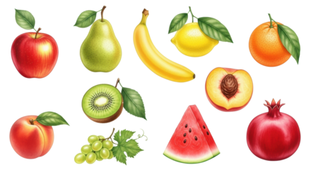 Meticulously detailed watercolor of diverse fresh, ripe fruits (apple, banana, kiwi, grapes), isolated on transparent background with copy space. Concept of natural bounty and healthy eating