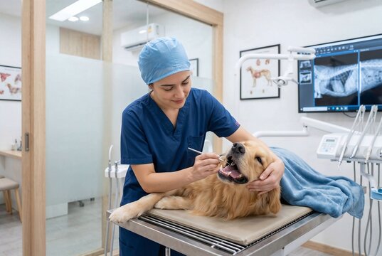 Female veterinarian examining a golden retriever's teeth during Pet Dental Health Month in a veterinary clinic.