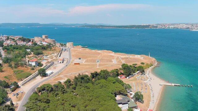Kilitbahir, Turkey. Namazgah Bastion, a large Ottoman-era coastal artillery battery and redoubt on the shore of the Dardanelles Strait. Aerial View, Point of interest
