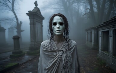 Eerie ghostly figure with hollow eyes and pale face stands in a foggy atmospheric cemetery at twilight